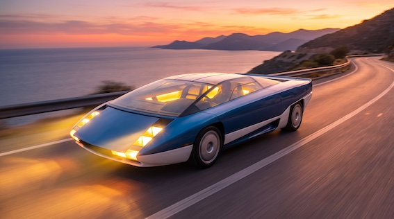 Driving-fast-on-a-panoramic-road-on-sunset-with-highlights-on.-copia