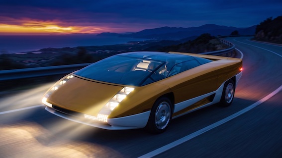 Imagine-on-a-panoramic-road-sunset-almost-night.-Electric-yellow-color-headlights-on.-Driving-fast-copia