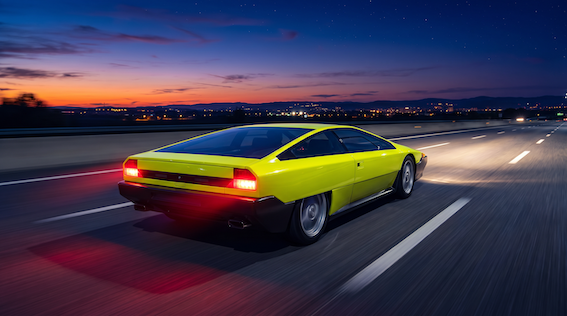 Driving-fast-on-highway-on-sunset-almost-night-but-very-clearly-night.-Car-electric-yellow-color.-copia